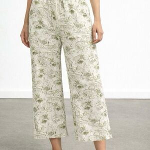 Rachel Zoe 100% Linen Pull On Wide Legged Cropped Pant SZ M Olive Jungle Print